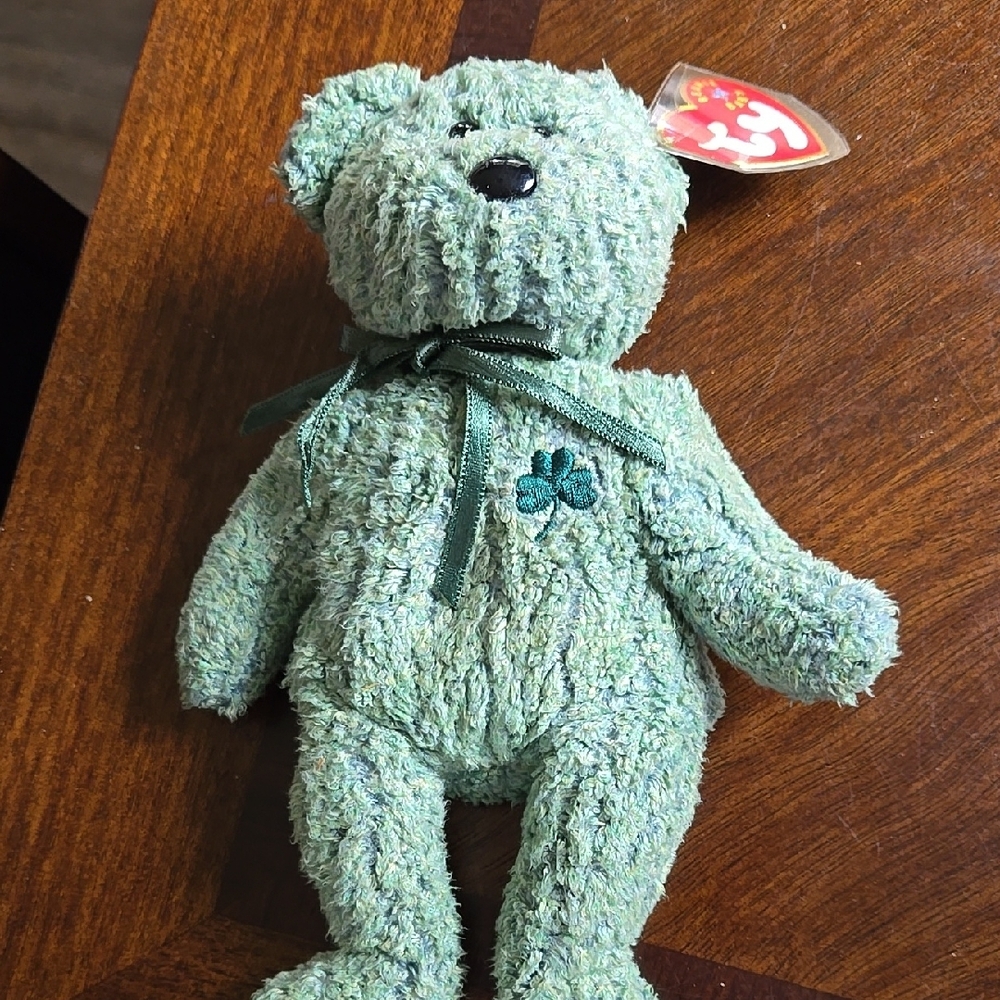 Green TY Beanie Baby Bear with Ribbon